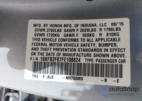 2015 Honda Civic Ex from USA, damaged, VIN 19XFB2F87FE108824